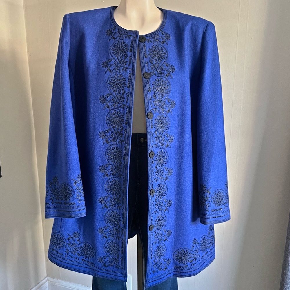 Vintage Peter Nygard Wool Coat 14P Blue Black Embroidered Longline Petite